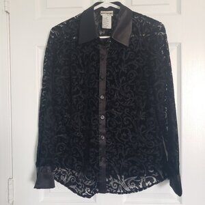 Perceptions by Irene B Burnout Velvet Button Up Top Womens 6P Black Sheer Witchy